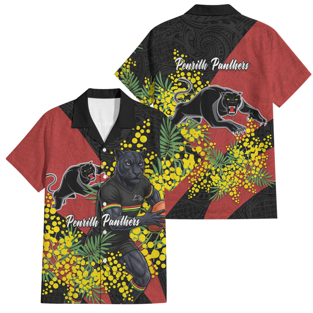Penrith Panthers Family Matching Off Shoulder Short Dress and Hawaiian Shirt Golden Wattle Floral Polynesian - Australian Flower - Rugby Mascot