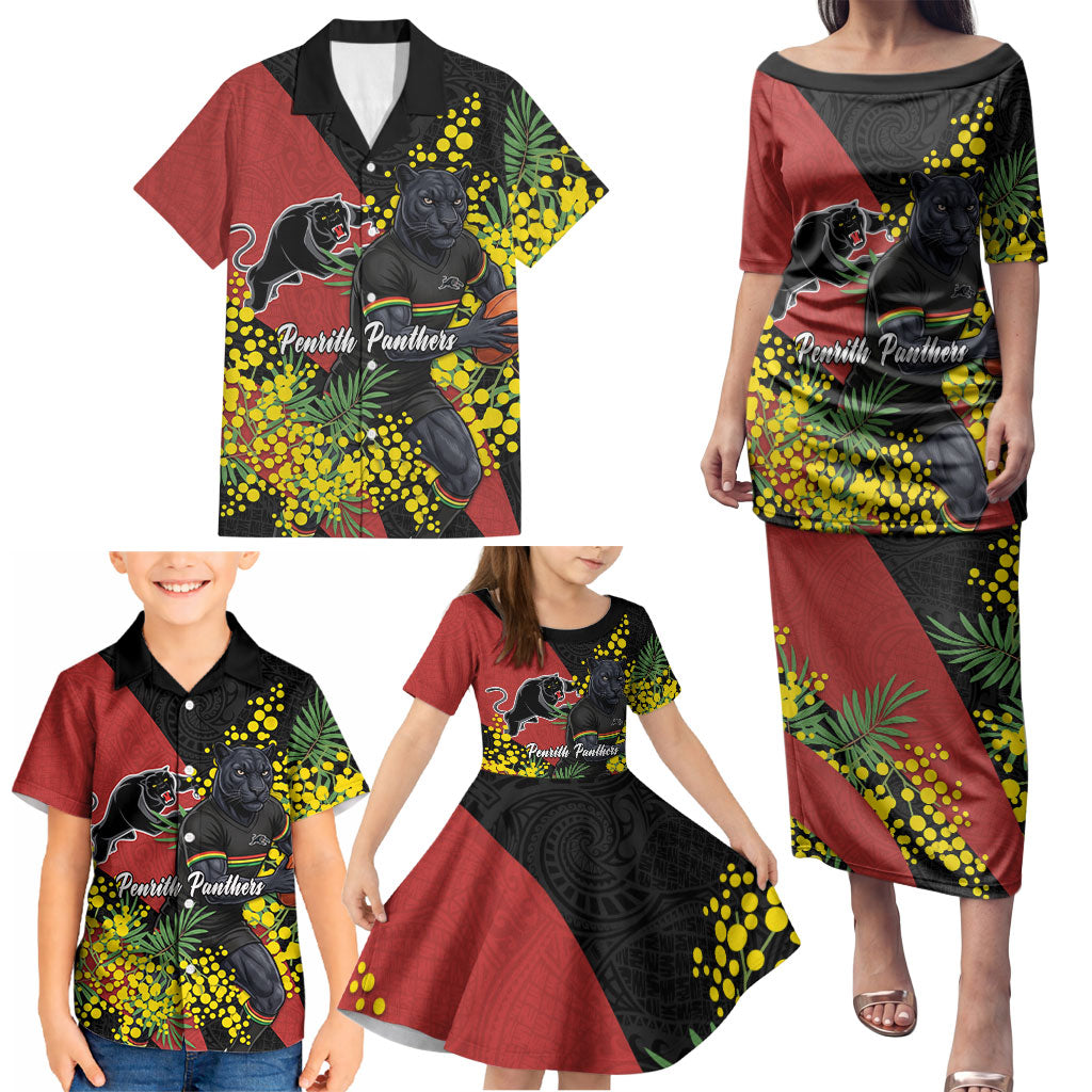 Penrith Panthers Family Matching Puletasi and Hawaiian Shirt Golden Wattle Floral Polynesian - Australian Flower - Rugby Mascot