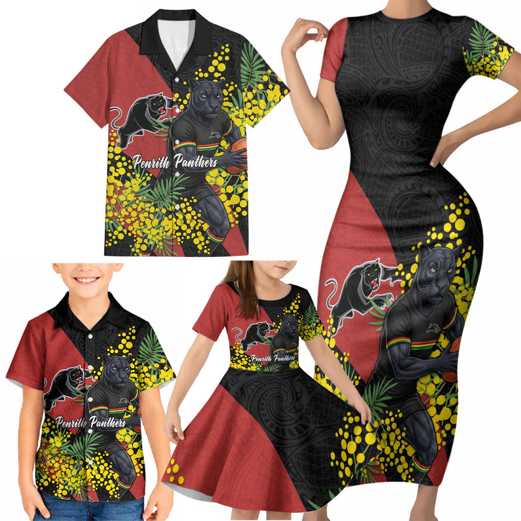 Penrith Panthers Family Matching Short Sleeve Bodycon Dress and Hawaiian Shirt Golden Wattle Floral Polynesian - Australian Flower - Rugby Mascot