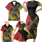 Penrith Panthers Family Matching Short Sleeve Bodycon Dress and Hawaiian Shirt Golden Wattle Floral Polynesian - Australian Flower - Rugby Mascot