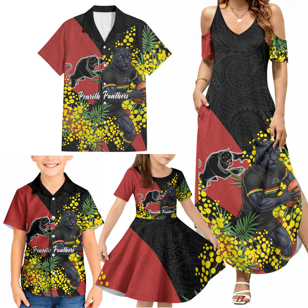 Penrith Panthers Family Matching Summer Maxi Dress and Hawaiian Shirt Golden Wattle Floral Polynesian - Australian Flower - Rugby Mascot