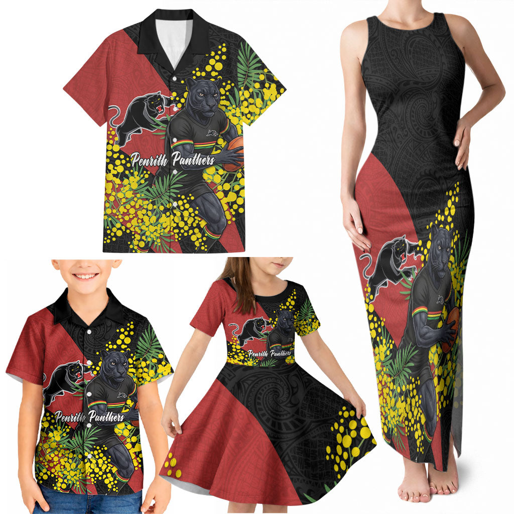 Penrith Panthers Family Matching Tank Maxi Dress and Hawaiian Shirt Golden Wattle Floral Polynesian - Australian Flower - Rugby Mascot