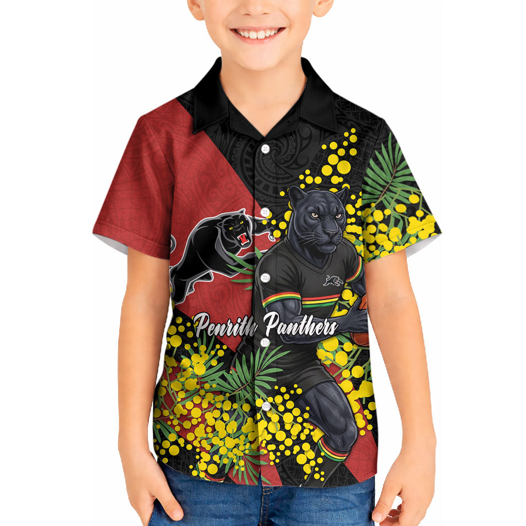 Penrith Panthers Kid Hawaiian Shirt Golden Wattle Floral Polynesian - Australian Flower - Rugby Mascot