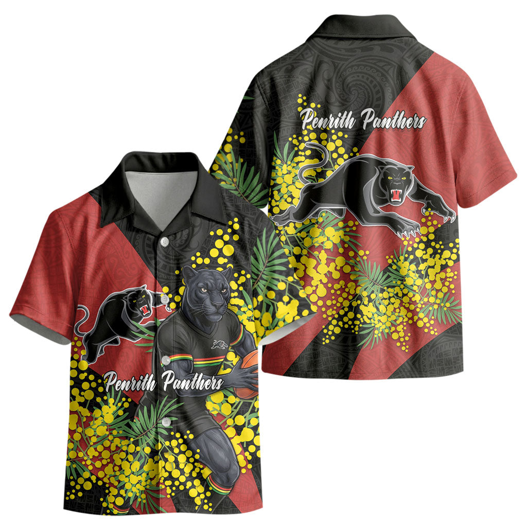 Penrith Panthers Kid Hawaiian Shirt Golden Wattle Floral Polynesian - Australian Flower - Rugby Mascot