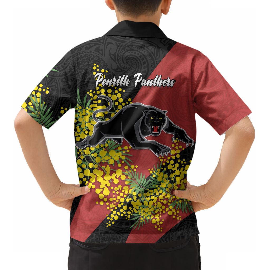 Penrith Panthers Kid Hawaiian Shirt Golden Wattle Floral Polynesian - Australian Flower - Rugby Mascot