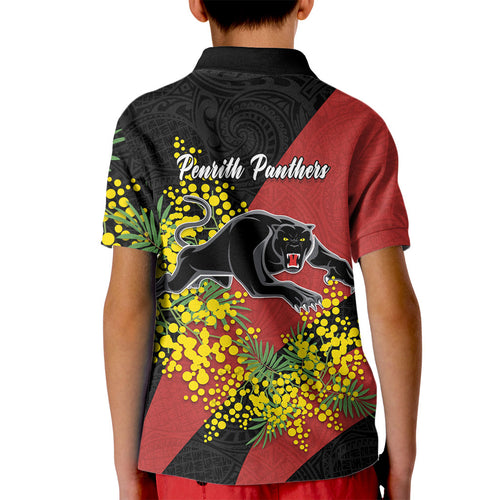 Penrith Panthers Kid Polo Shirt Golden Wattle Floral Polynesian - Australian Flower - Rugby Mascot