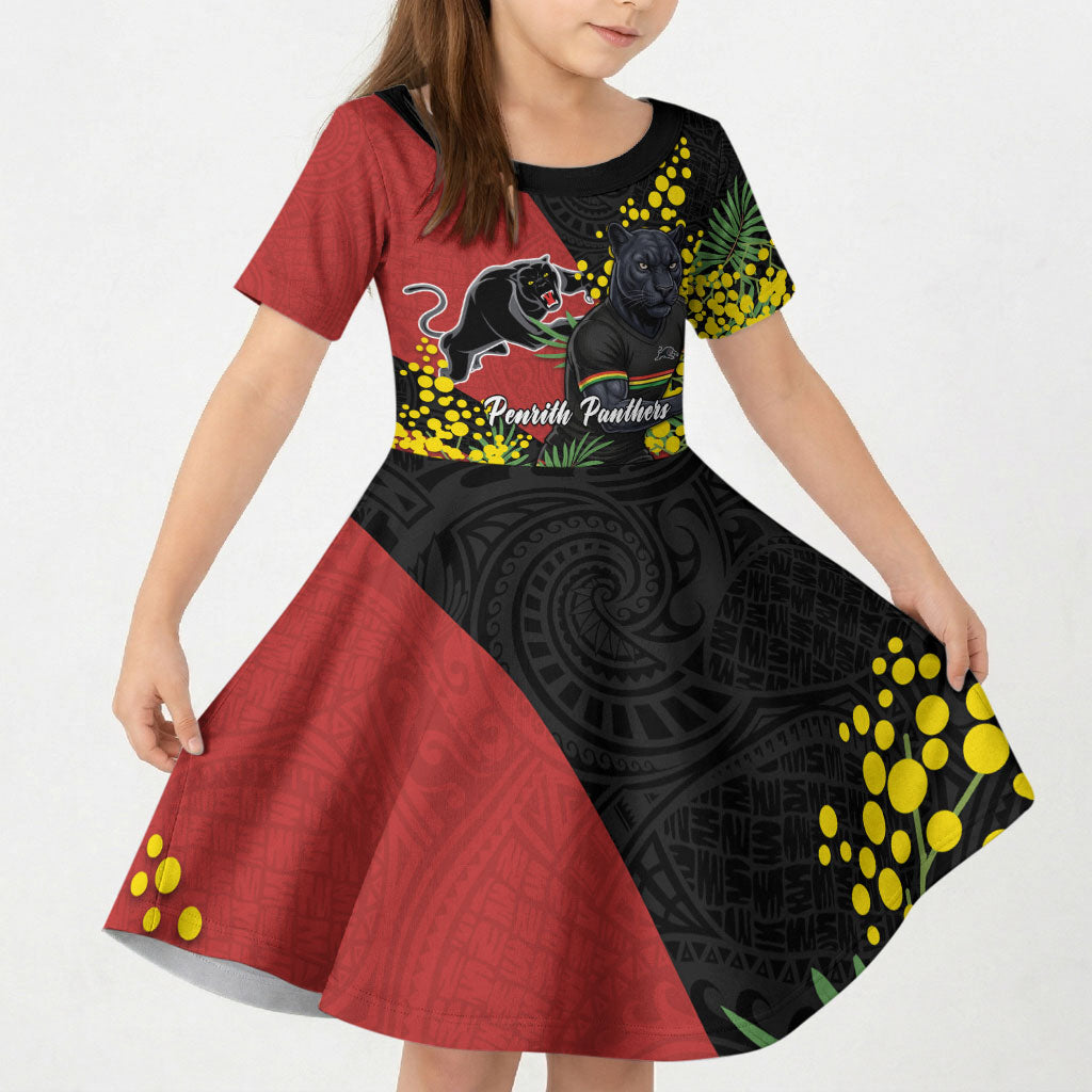 Penrith Panthers Kid Short Sleeve Dress Golden Wattle Floral Polynesian - Australian Flower - Rugby Mascot