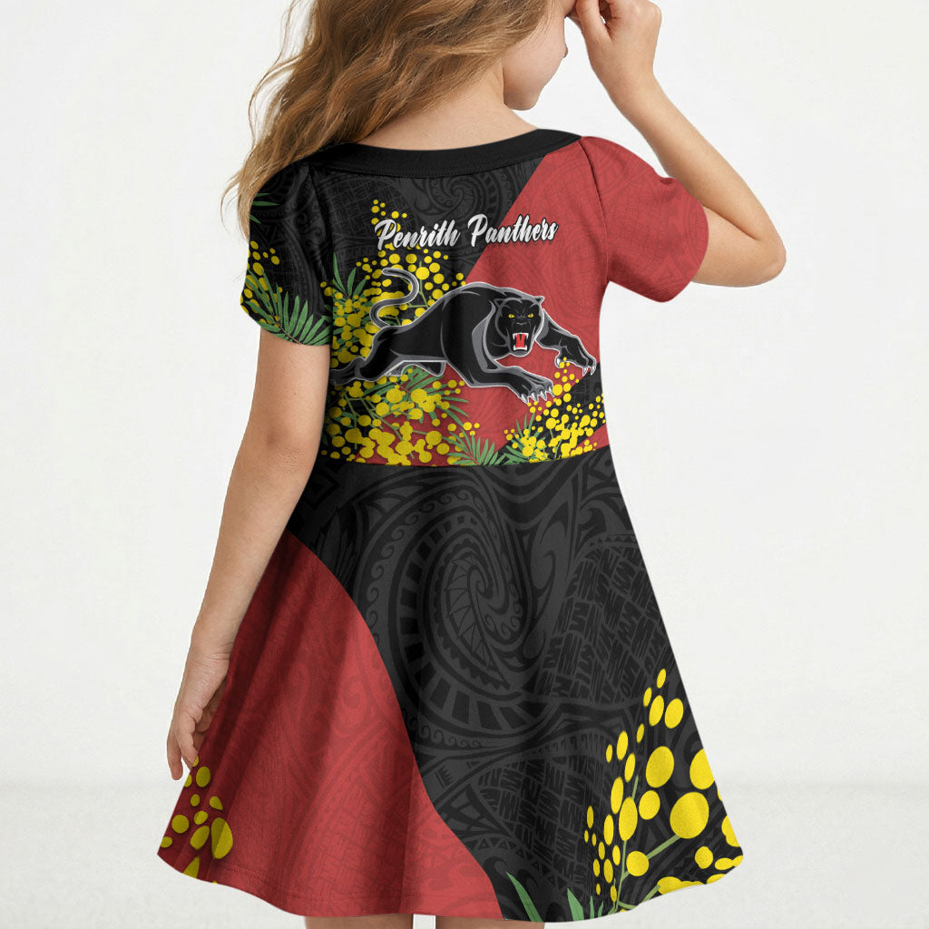 Penrith Panthers Kid Short Sleeve Dress Golden Wattle Floral Polynesian - Australian Flower - Rugby Mascot