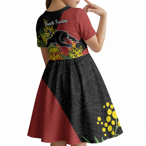 Penrith Panthers Kid Short Sleeve Dress Golden Wattle Floral Polynesian - Australian Flower - Rugby Mascot