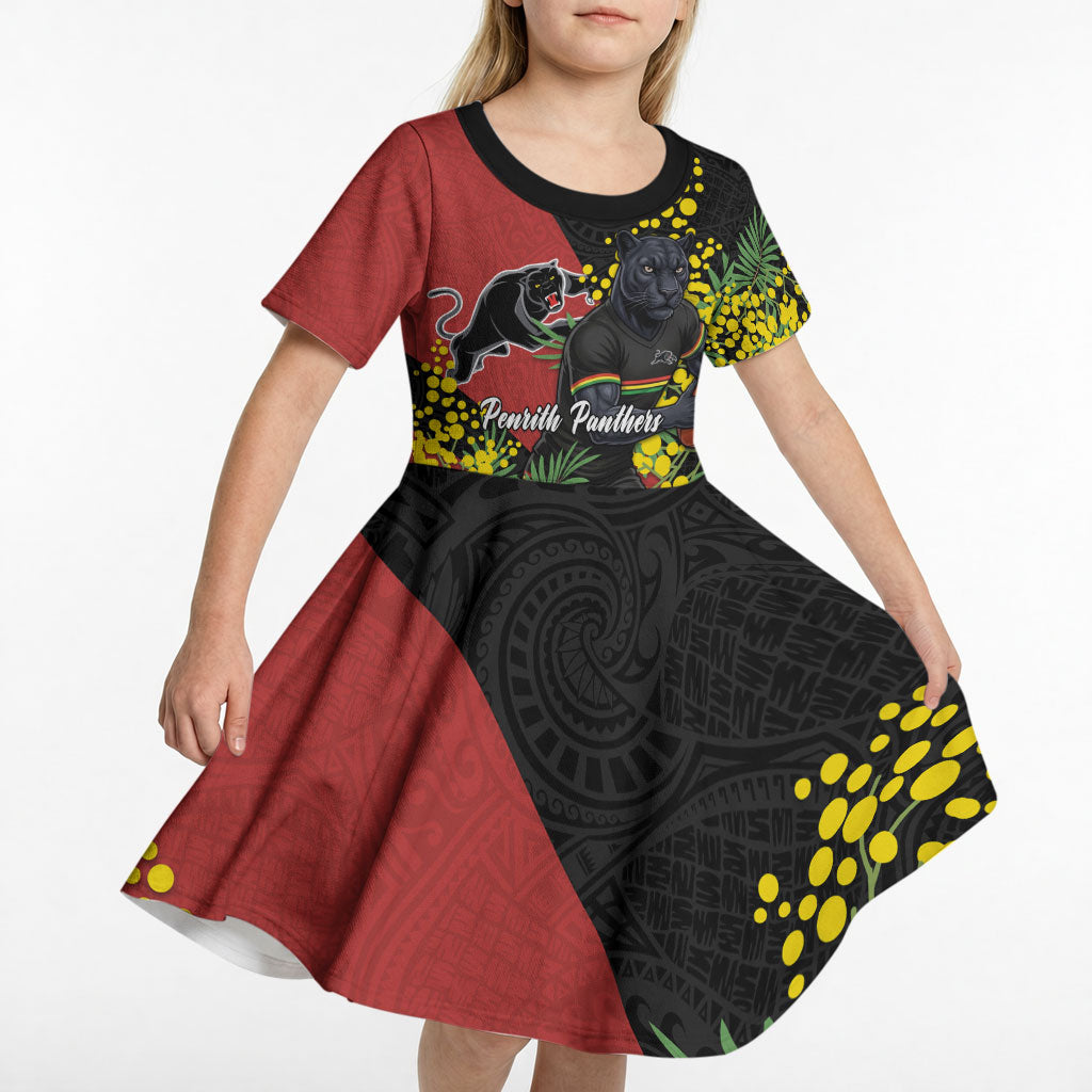 Penrith Panthers Kid Short Sleeve Dress Golden Wattle Floral Polynesian - Australian Flower - Rugby Mascot