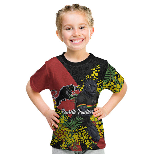 Penrith Panthers Kid T Shirt Golden Wattle Floral Polynesian - Australian Flower - Rugby Mascot