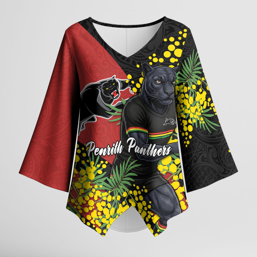 Penrith Panthers Kimono Sleeve Blouse Golden Wattle Floral Polynesian - Australian Flower - Rugby Mascot