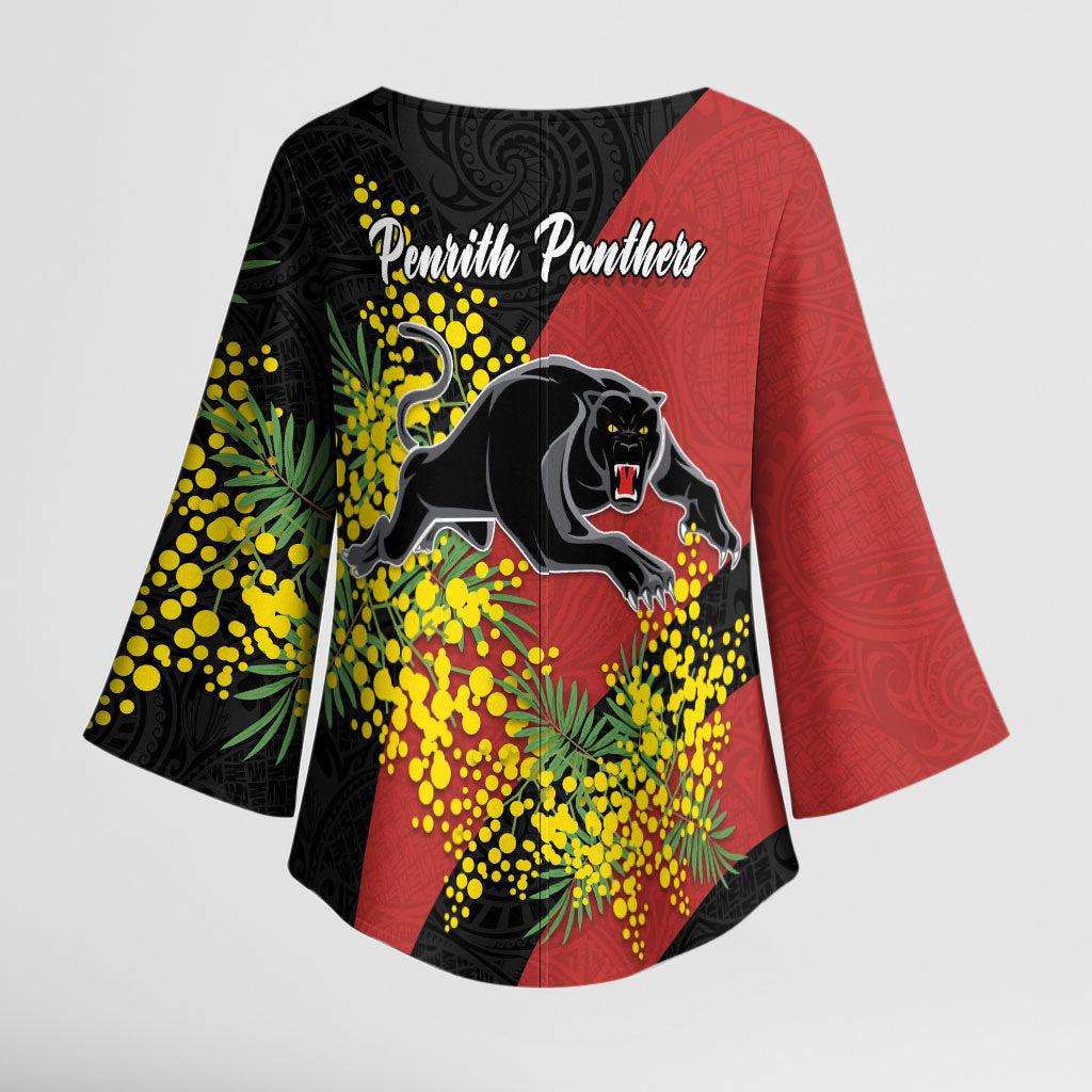 Penrith Panthers Kimono Sleeve Blouse Golden Wattle Floral Polynesian - Australian Flower - Rugby Mascot