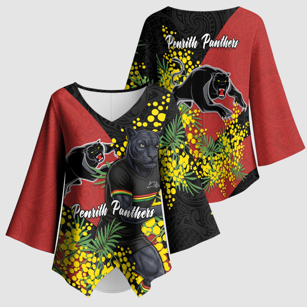 Penrith Panthers Kimono Sleeve Blouse Golden Wattle Floral Polynesian - Australian Flower - Rugby Mascot