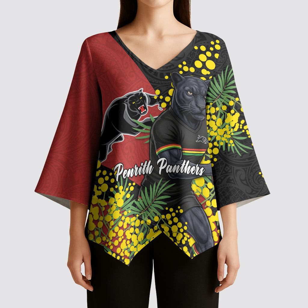 Penrith Panthers Kimono Sleeve Blouse Golden Wattle Floral Polynesian - Australian Flower - Rugby Mascot