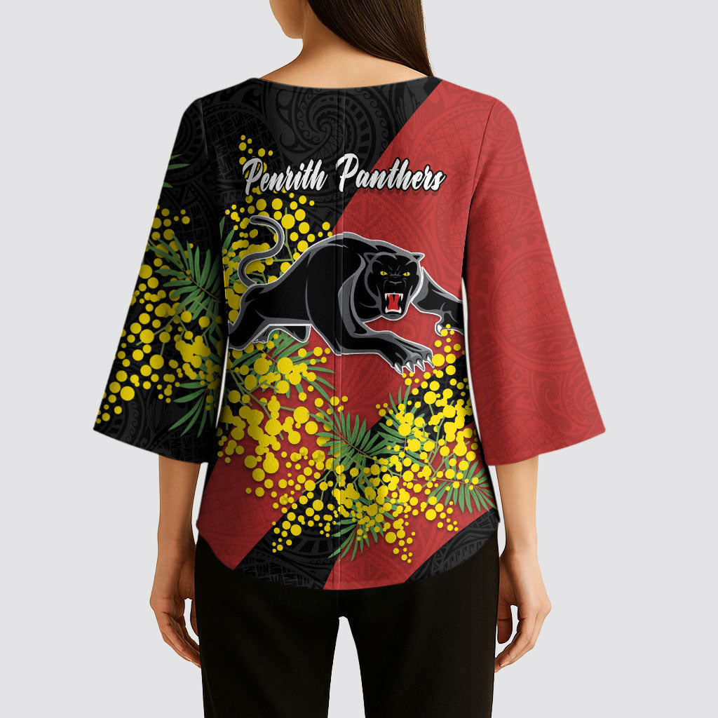 Penrith Panthers Kimono Sleeve Blouse Golden Wattle Floral Polynesian - Australian Flower - Rugby Mascot