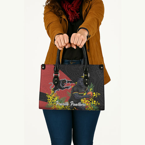 Penrith Panthers Leather Bag Golden Wattle Floral Polynesian - Australian Flower - Rugby Mascot