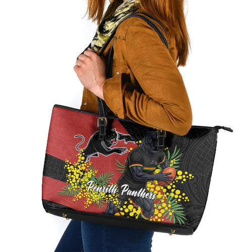 Penrith Panthers Leather Tote Bag Golden Wattle Floral Polynesian - Australian Flower - Rugby Mascot