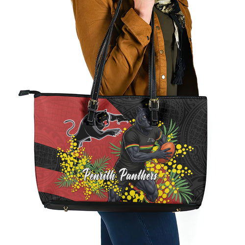 Penrith Panthers Leather Tote Bag Golden Wattle Floral Polynesian - Australian Flower - Rugby Mascot