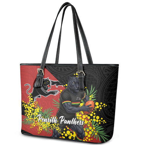 Penrith Panthers Leather Tote Bag Golden Wattle Floral Polynesian - Australian Flower - Rugby Mascot