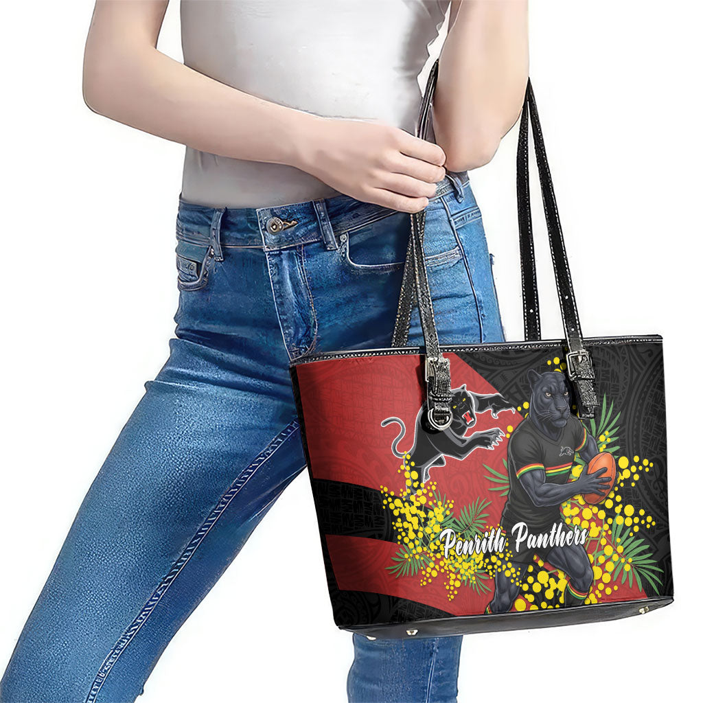 Penrith Panthers Leather Tote Bag Golden Wattle Floral Polynesian - Australian Flower - Rugby Mascot