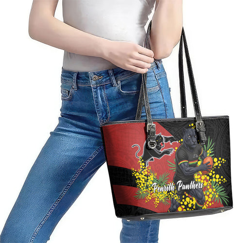 Penrith Panthers Leather Tote Bag Golden Wattle Floral Polynesian - Australian Flower - Rugby Mascot