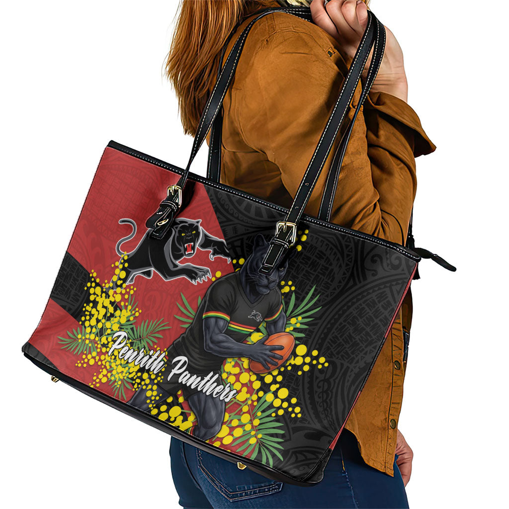 Penrith Panthers Leather Tote Bag Golden Wattle Floral Polynesian - Australian Flower - Rugby Mascot