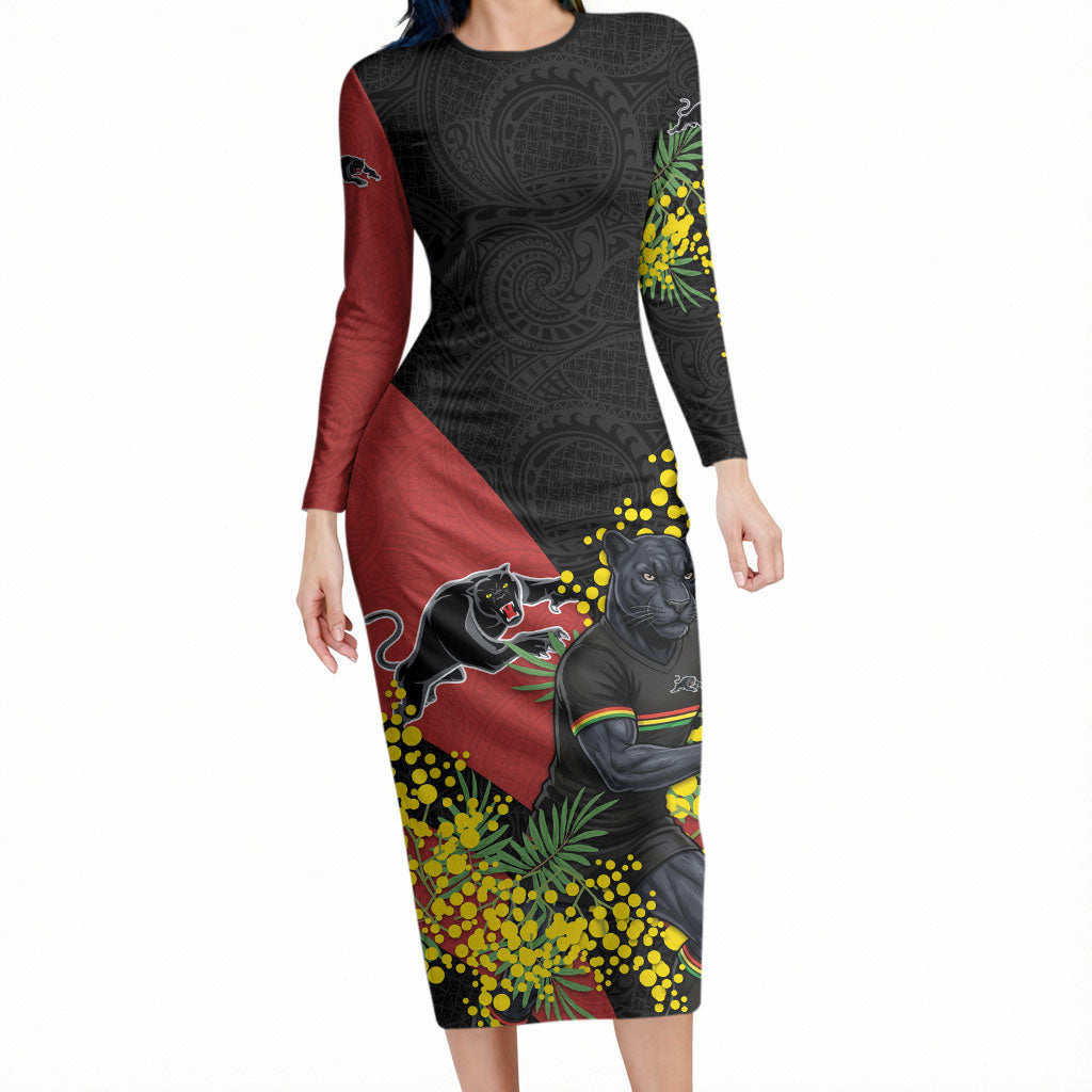 Penrith Panthers Long Sleeve Bodycon Dress Golden Wattle Floral Polynesian - Australian Flower - Rugby Mascot