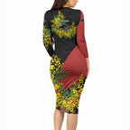 Penrith Panthers Long Sleeve Bodycon Dress Golden Wattle Floral Polynesian - Australian Flower - Rugby Mascot
