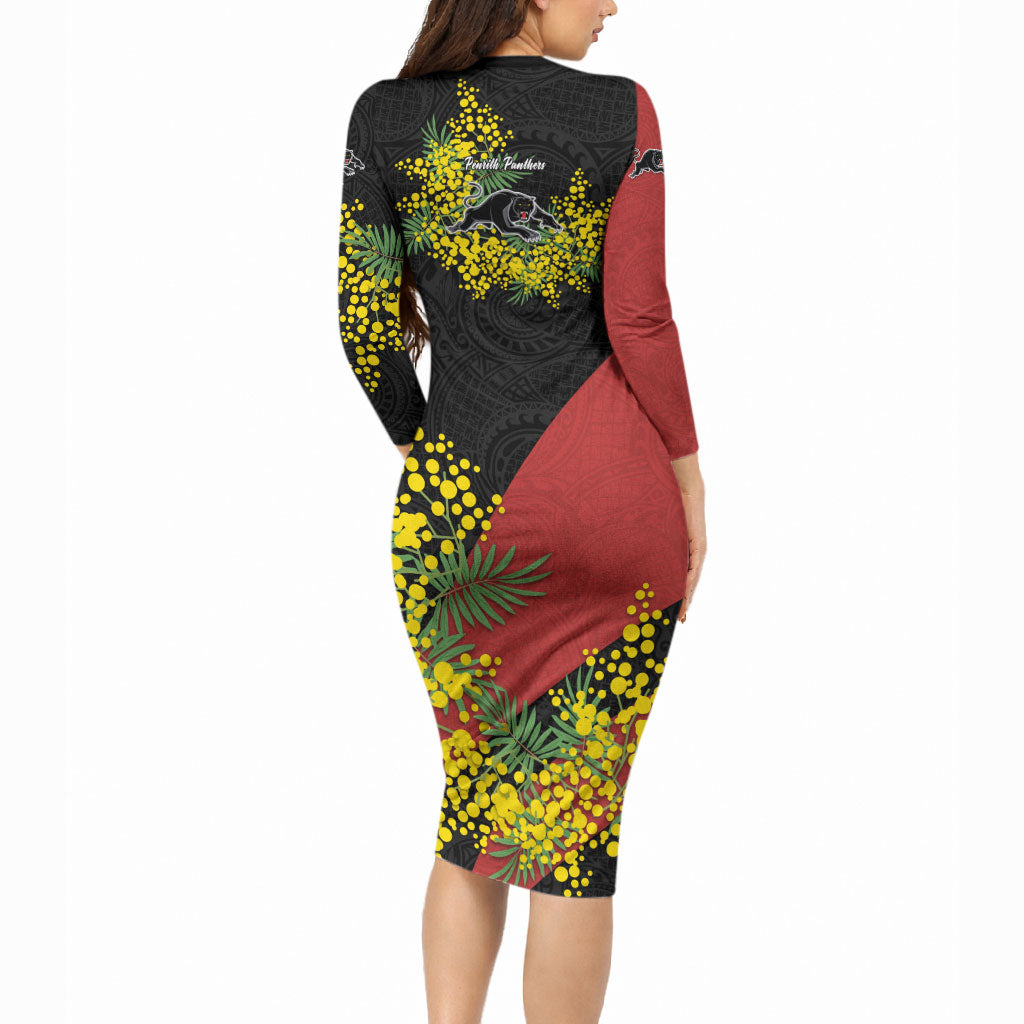 Penrith Panthers Long Sleeve Bodycon Dress Golden Wattle Floral Polynesian - Australian Flower - Rugby Mascot