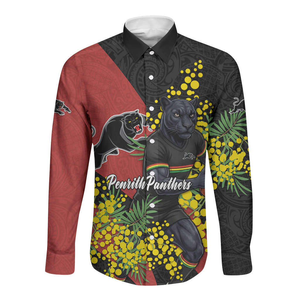 Penrith Panthers Long Sleeve Button Shirt Golden Wattle Floral Polynesian - Australian Flower - Rugby Mascot
