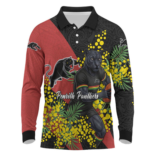 Penrith Panthers Long Sleeve Polo Shirt Golden Wattle Floral Polynesian - Australian Flower - Rugby Mascot