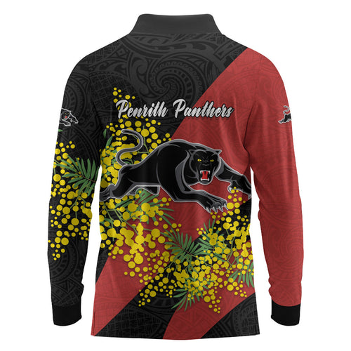 Penrith Panthers Long Sleeve Polo Shirt Golden Wattle Floral Polynesian - Australian Flower - Rugby Mascot
