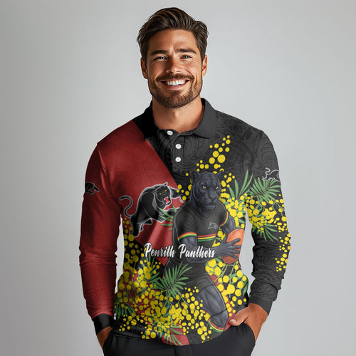 Penrith Panthers Long Sleeve Polo Shirt Golden Wattle Floral Polynesian - Australian Flower - Rugby Mascot