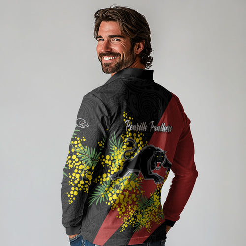 Penrith Panthers Long Sleeve Polo Shirt Golden Wattle Floral Polynesian - Australian Flower - Rugby Mascot
