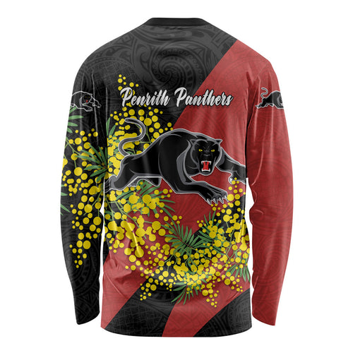 Penrith Panthers Long Sleeve Shirt Golden Wattle Floral Polynesian - Australian Flower - Rugby Mascot