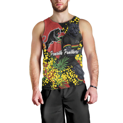 Penrith Panthers Men Tank Top Golden Wattle Floral Polynesian - Australian Flower - Rugby Mascot