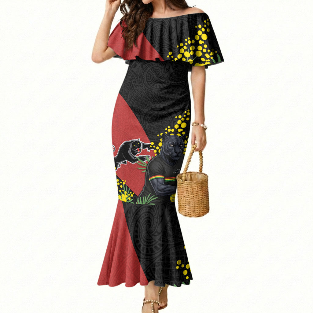 Penrith Panthers Mermaid Dress Golden Wattle Floral Polynesian - Australian Flower - Rugby Mascot
