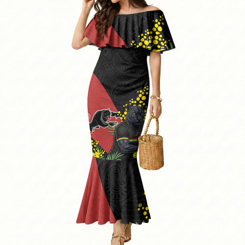 Penrith Panthers Mermaid Dress Golden Wattle Floral Polynesian - Australian Flower - Rugby Mascot
