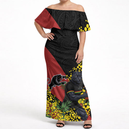 Penrith Panthers Off Shoulder Maxi Dress Golden Wattle Floral Polynesian - Australian Flower - Rugby Mascot