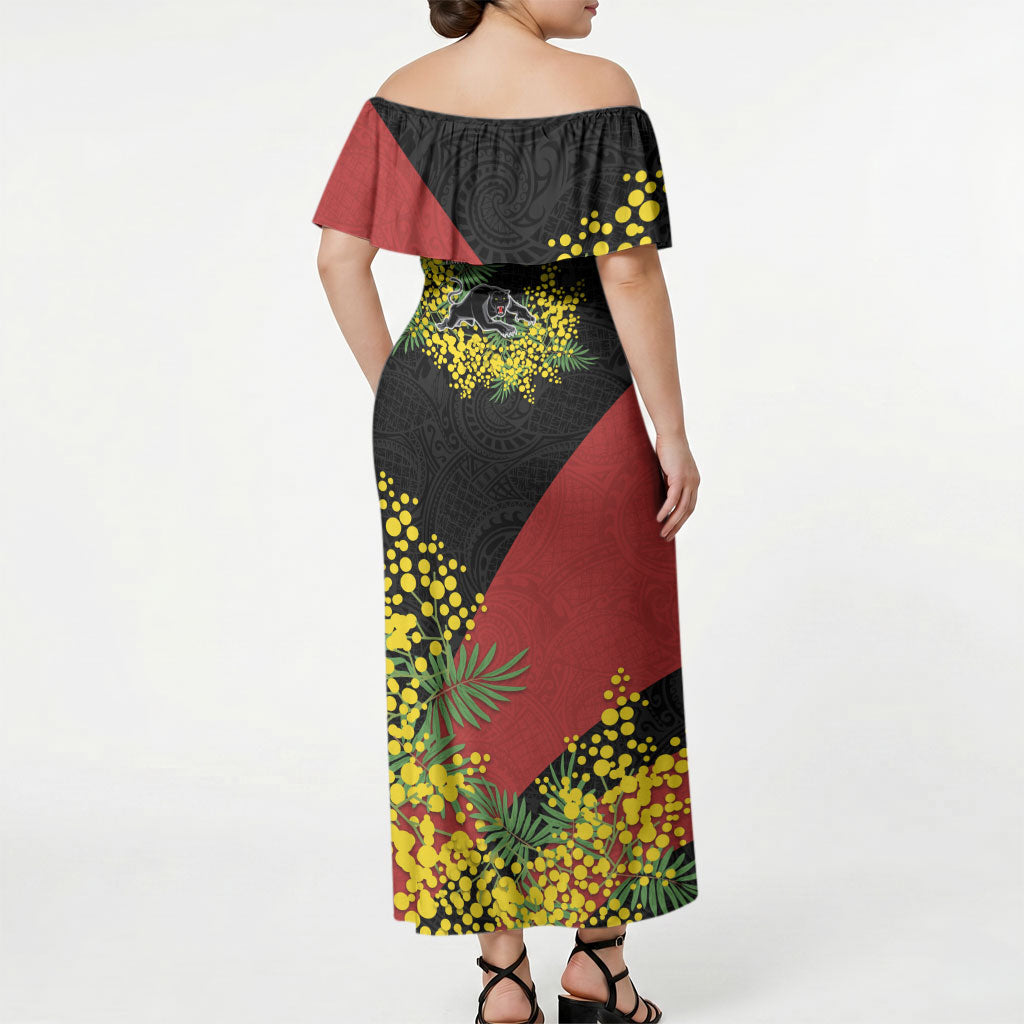 Penrith Panthers Off Shoulder Maxi Dress Golden Wattle Floral Polynesian - Australian Flower - Rugby Mascot