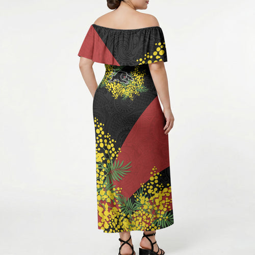 Penrith Panthers Off Shoulder Maxi Dress Golden Wattle Floral Polynesian - Australian Flower - Rugby Mascot