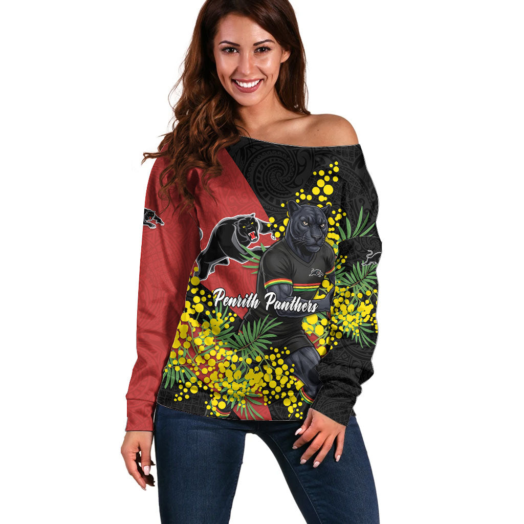 Penrith Panthers Off Shoulder Sweater Golden Wattle Floral Polynesian - Australian Flower - Rugby Mascot