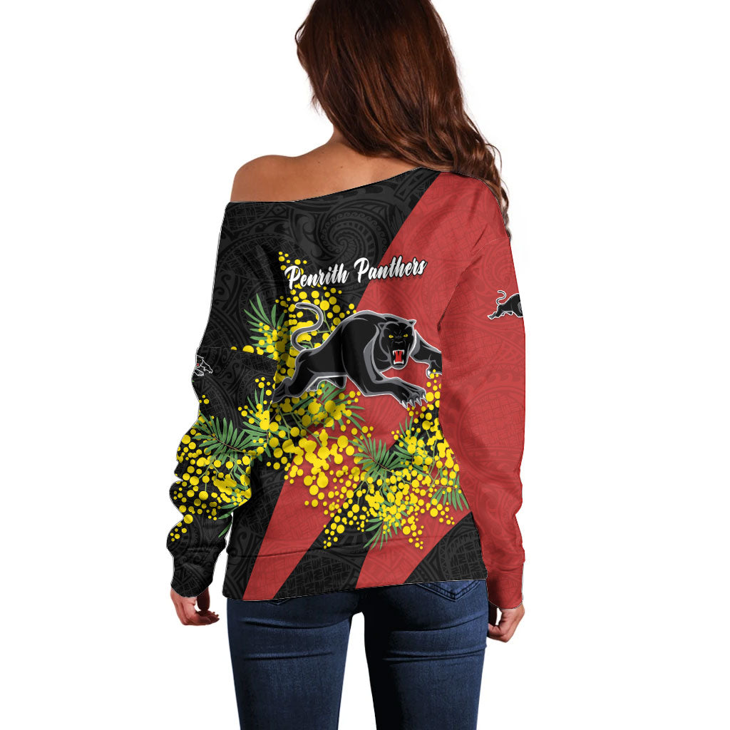 Penrith Panthers Off Shoulder Sweater Golden Wattle Floral Polynesian - Australian Flower - Rugby Mascot