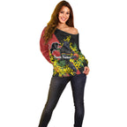 Penrith Panthers Off Shoulder Sweater Golden Wattle Floral Polynesian - Australian Flower - Rugby Mascot