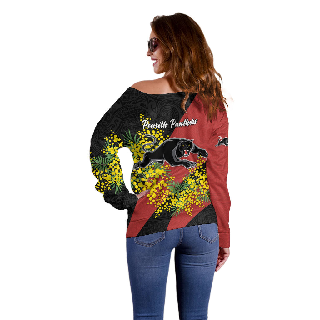 Penrith Panthers Off Shoulder Sweater Golden Wattle Floral Polynesian - Australian Flower - Rugby Mascot