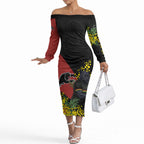 Penrith Panthers Off The Shoulder Long Sleeve Dress Golden Wattle Floral Polynesian - Australian Flower - Rugby Mascot