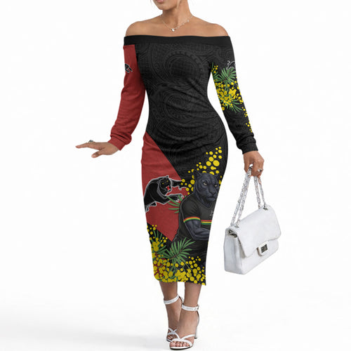 Penrith Panthers Off The Shoulder Long Sleeve Dress Golden Wattle Floral Polynesian - Australian Flower - Rugby Mascot