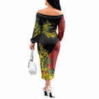 Penrith Panthers Off The Shoulder Long Sleeve Dress Golden Wattle Floral Polynesian - Australian Flower - Rugby Mascot