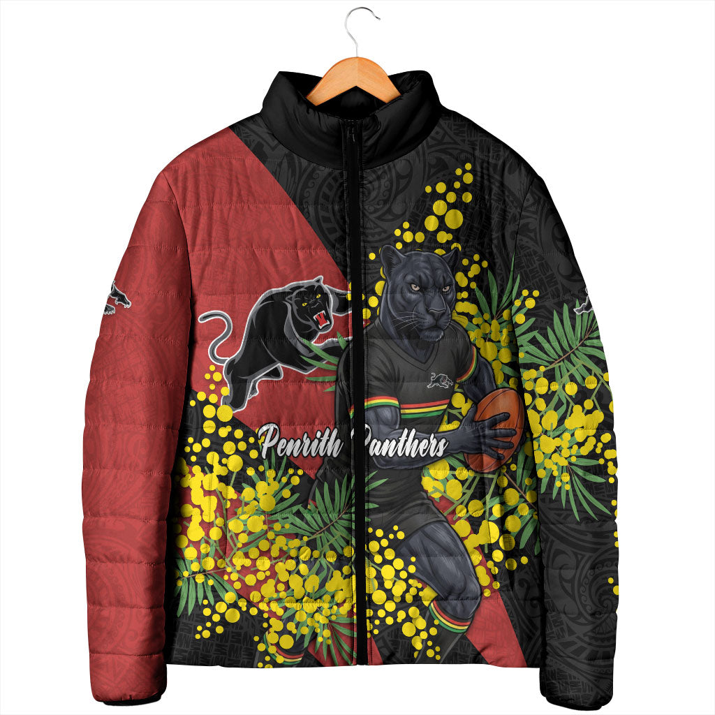Penrith Panthers Padded Jacket Golden Wattle Floral Polynesian - Australian Flower - Rugby Mascot